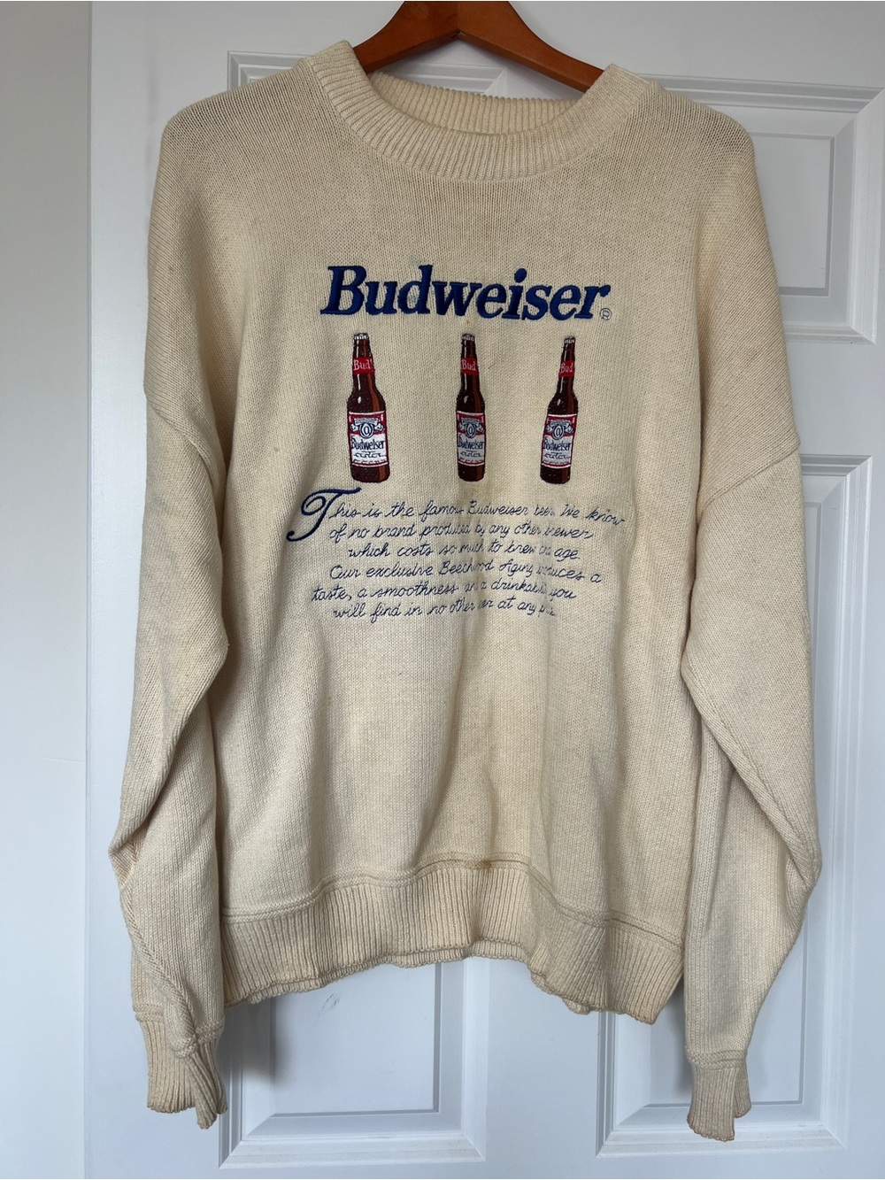 Vintage Budweiser Cream Crewneck Sweater with Bottle Graphic